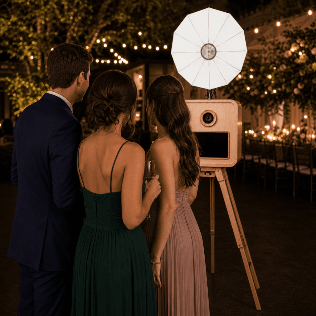 Guests posing at a corporate event with the Cue the Flash photo booth
